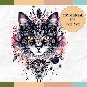 Boho chat clipart png chat noir clipart boho svg png tshirt design sublimation clipart chat png svg boho coussin design png design de sac fourre-tout