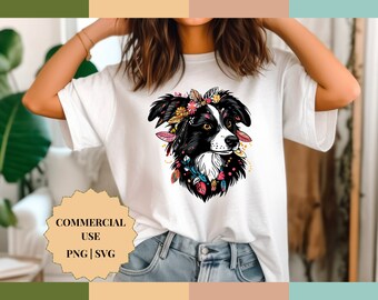 Schwarz Weißer Hund Clipart, Blumen png für Tasche, Hund Clipart, PNG, Tshirt Design, Hund Clipart, Blumen, Blätter png, Schwarz Weiß