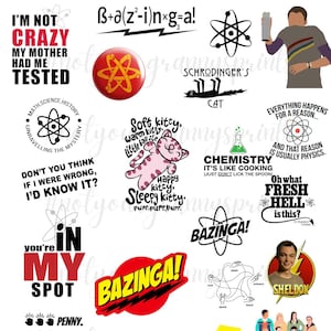 May include: A collection of colourful digital stickers featuring quotes and images from the popular TV show The Big Bang Theory. The stickers include a couch, a Rubik's cube, a cat, a beaker, a lightning bolt, a red star, and a character from the show.