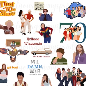 Puede incluir: Una colección de 12 ilustraciones coloridas con personajes y escenas de la popular comedia de situación de los años 70 "That 70s Show". Las ilustraciones incluyen el título del programa, los personajes Eric, Donna, Kelso, Hyde, Jackie y Fez, y escenas icónicas del programa, como el grupo que se junta en el sótano y el Vista Cruiser.