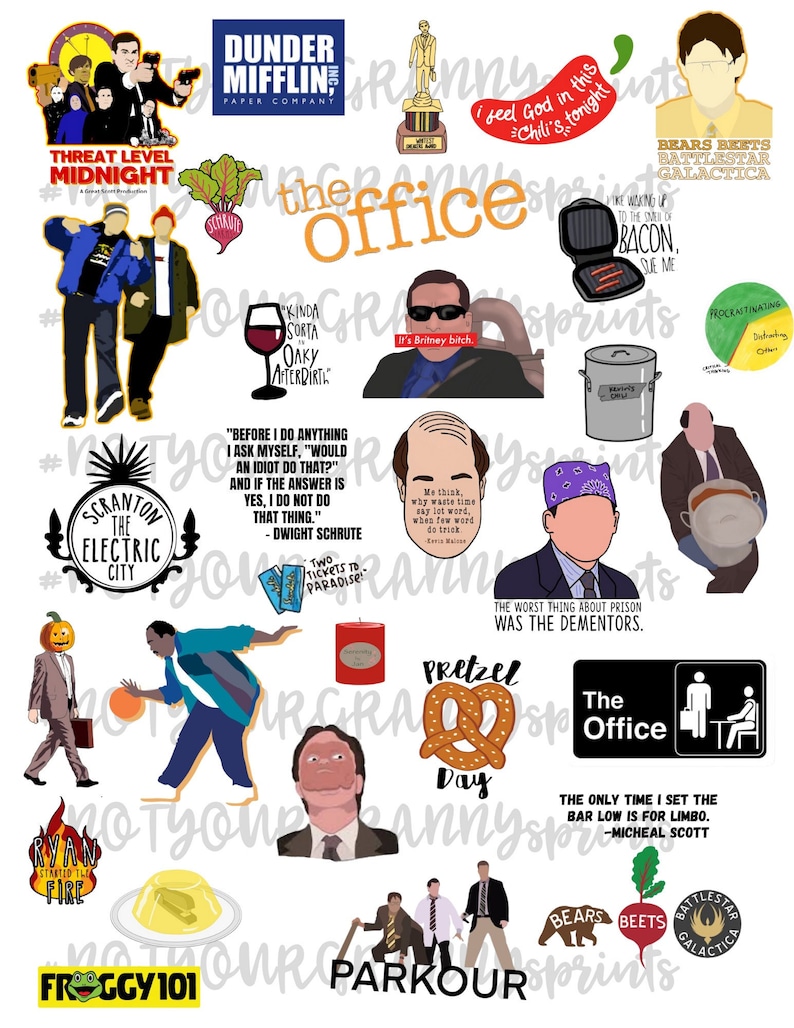 K&ouml;nnte beinhalten: Ein Set mit 15 bunten Aufklebern mit Charakteren und Zitaten aus der beliebten TV-Serie "The Office". Die Aufkleber zeigen Bilder von Michael Scott, Dwight Schrute, Jim Halpert, Pam Beesly und anderen Charakteren. Die Aufkleber sind perfekt, um Laptops, Wasserflaschen, Notizb&uuml;chern und anderen Oberfl&auml;chen einen Hauch von Humor und Nostalgie zu verleihen.