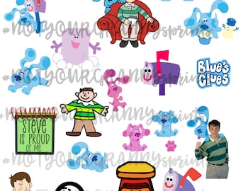 Puede incluir: Un conjunto de imágenes de dibujos animados coloridos con personajes del programa de televisión infantil Blue's Clues. Las imágenes incluyen a Blue, Magenta, Steve y el buzón. Las imágenes son perfectas para manualidades, scrapbooking o decoración de fiestas.