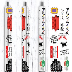 May include: Three white pens with black ink, each featuring a different design inspired by the popular TV show "Friends". The designs include the iconic orange couch, the apartment door, and the Central Perk coffee shop logo.