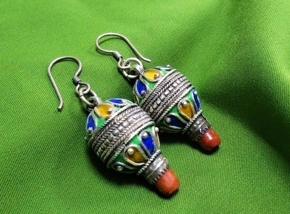 Ancienne Paire De Boucles D'oreilles Pendantes En Argent Massif 925 - Style Ethnique Créateur - Occasion