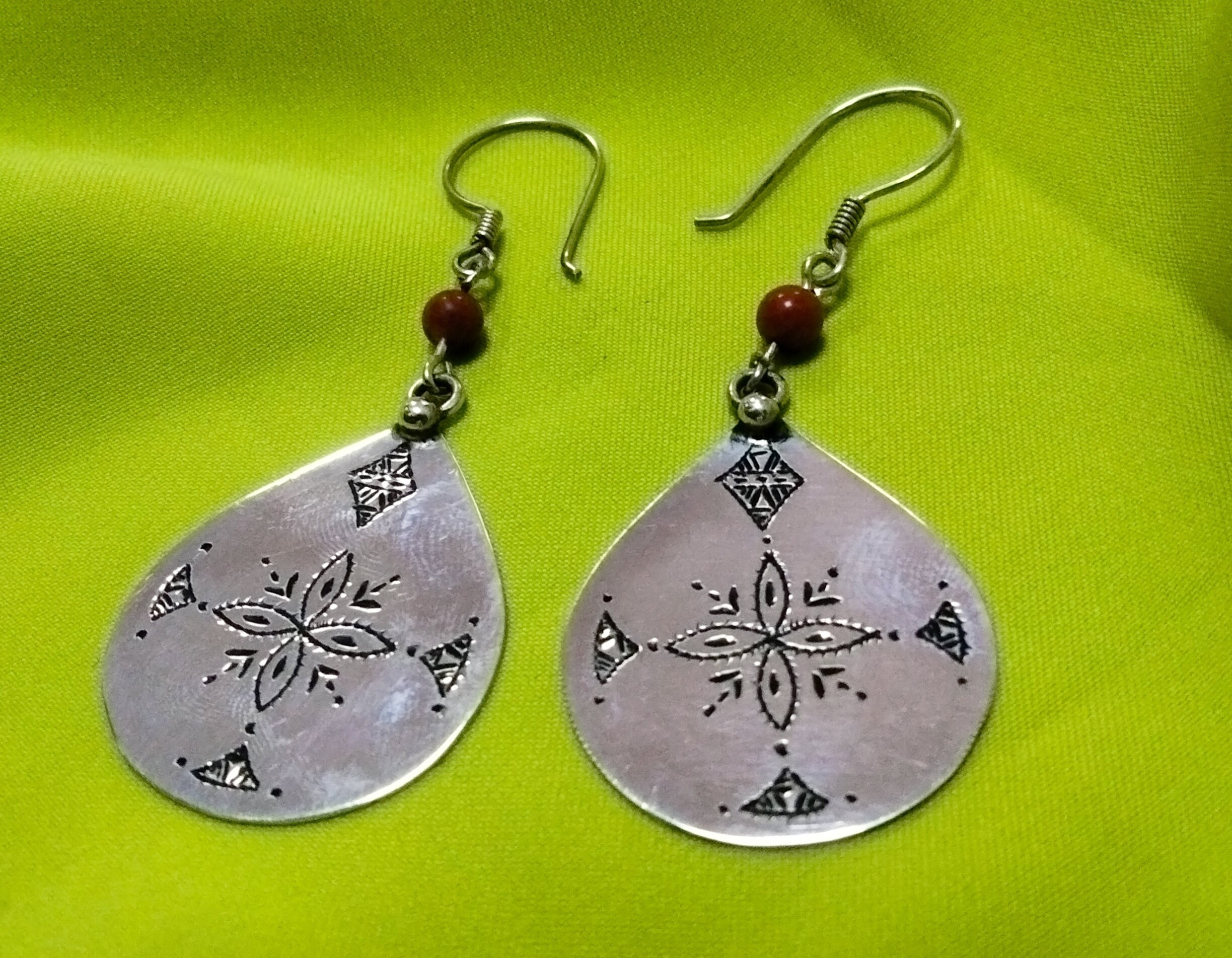Boucles D'oreilles Berbères Argent 925 - Avec Pendentif Vert De Corail, Vintage