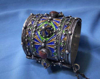 Kabyle - Beautiful Kabyle bracelet / cuff in solid silver AMAZIGH with enamel and coral pearls / KABYLE JEWELRY / Berber bracelet.