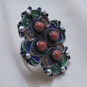Kabyle - Enamelled sterling silver Berber ring / silver Berber ring / ethnic ring / Morocco jewelry / tribal, ethnic, boho ring.