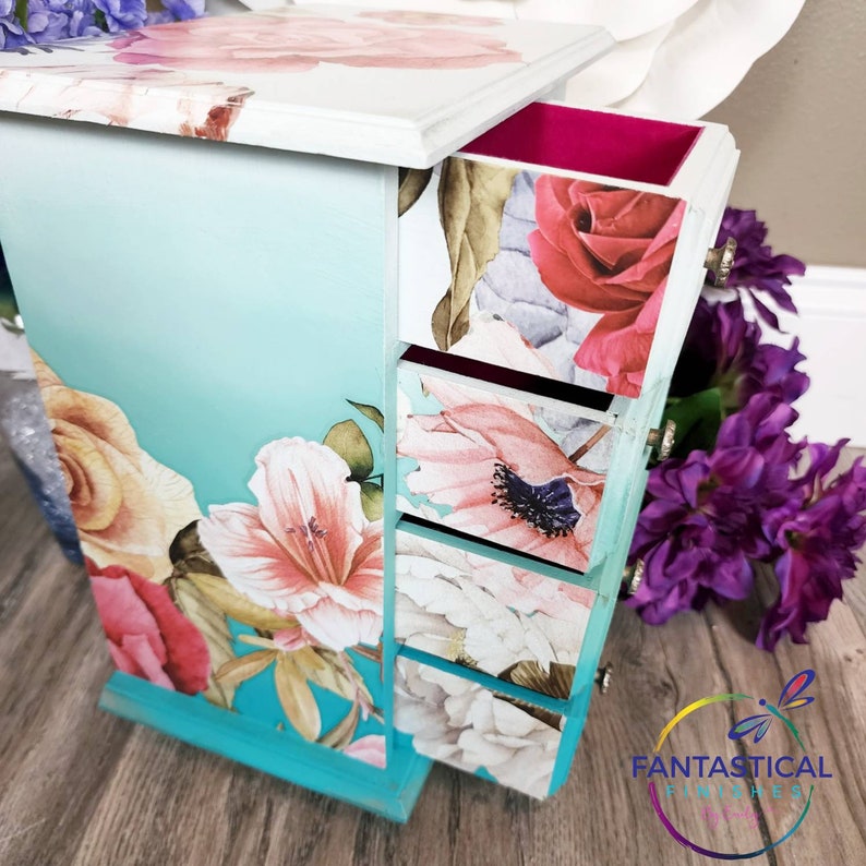 Floral Jewelry Box Music Box Hand Painted Blue Ombre Vintage Upcycled Refinished Green Box Gift