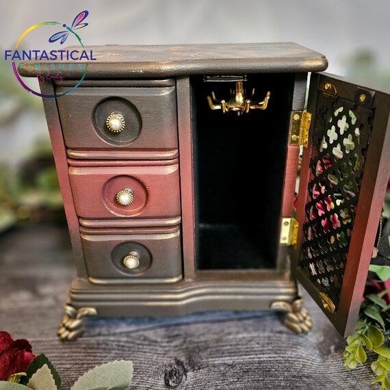 Gothic Decoupage Jewelry Box | Upcycled Red and Dark Brown Vampire