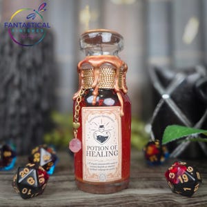 DnD Potion of Healing: D20 Dice Roller Potion with Genuine Cherry Quartz Bead