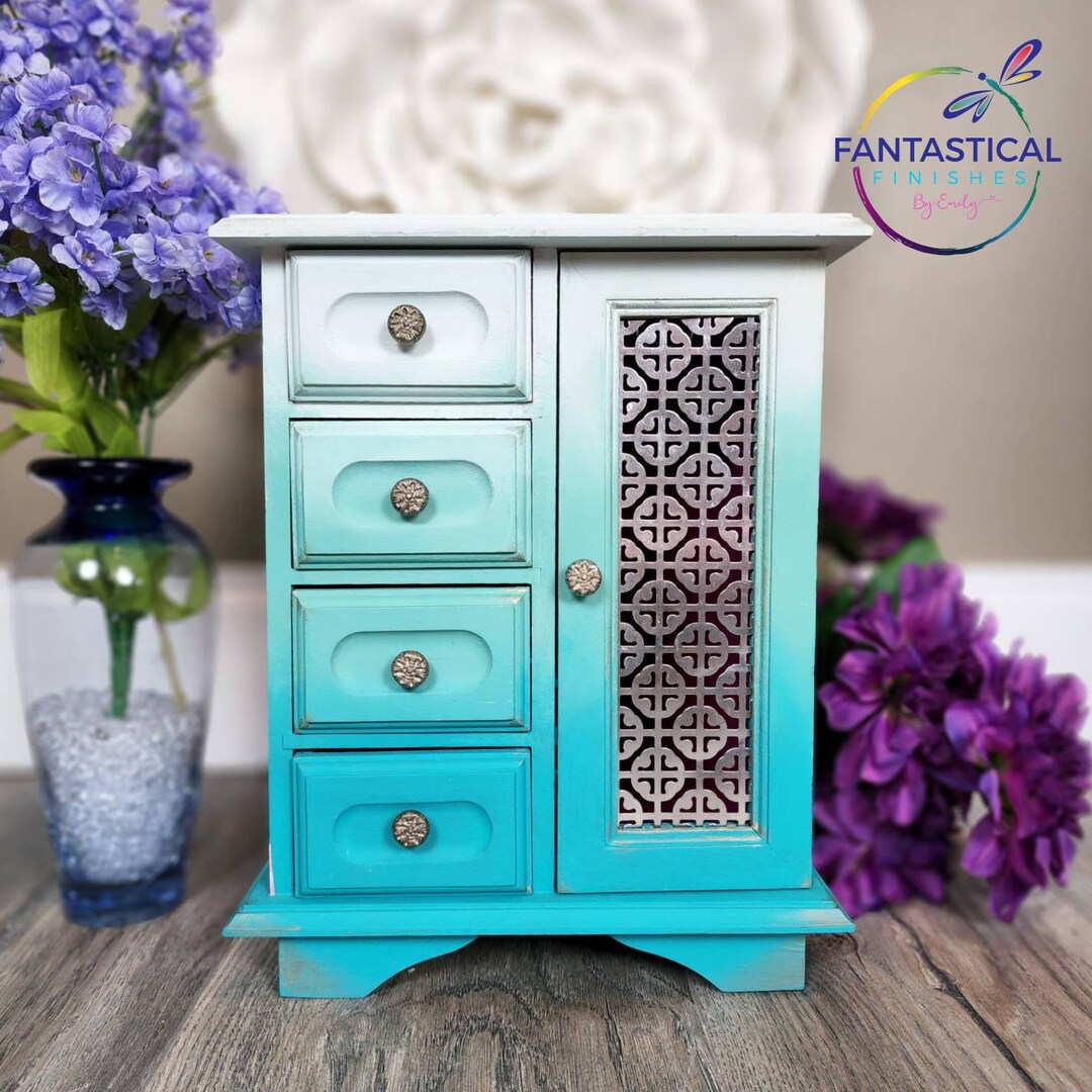 Floral Jewelry Box Music Box Hand Painted Blue Ombre Vintage Upcycled Refinished Green Box Gift