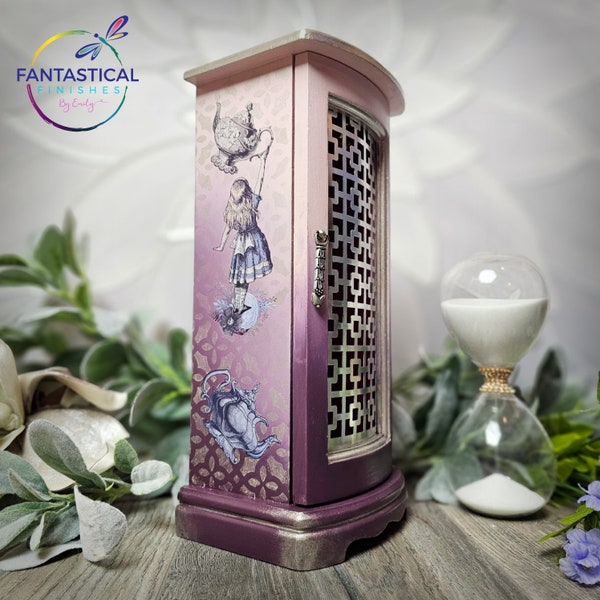 Alice in Wonderland Jewelry Box| Hand Painted|Upcycled| Pink| Purple | Vintage| Stencil| Gift for Her|Gift for Daughter| Holiday Gift