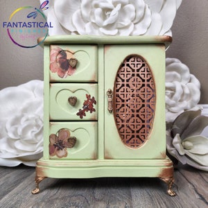 Green Jewelry Box | Hand Painted | Floral Jewelry Box | Vintage | Upcycled | Refinished | Copper | Gift for Her | Gift for Wife | Girls Gift
