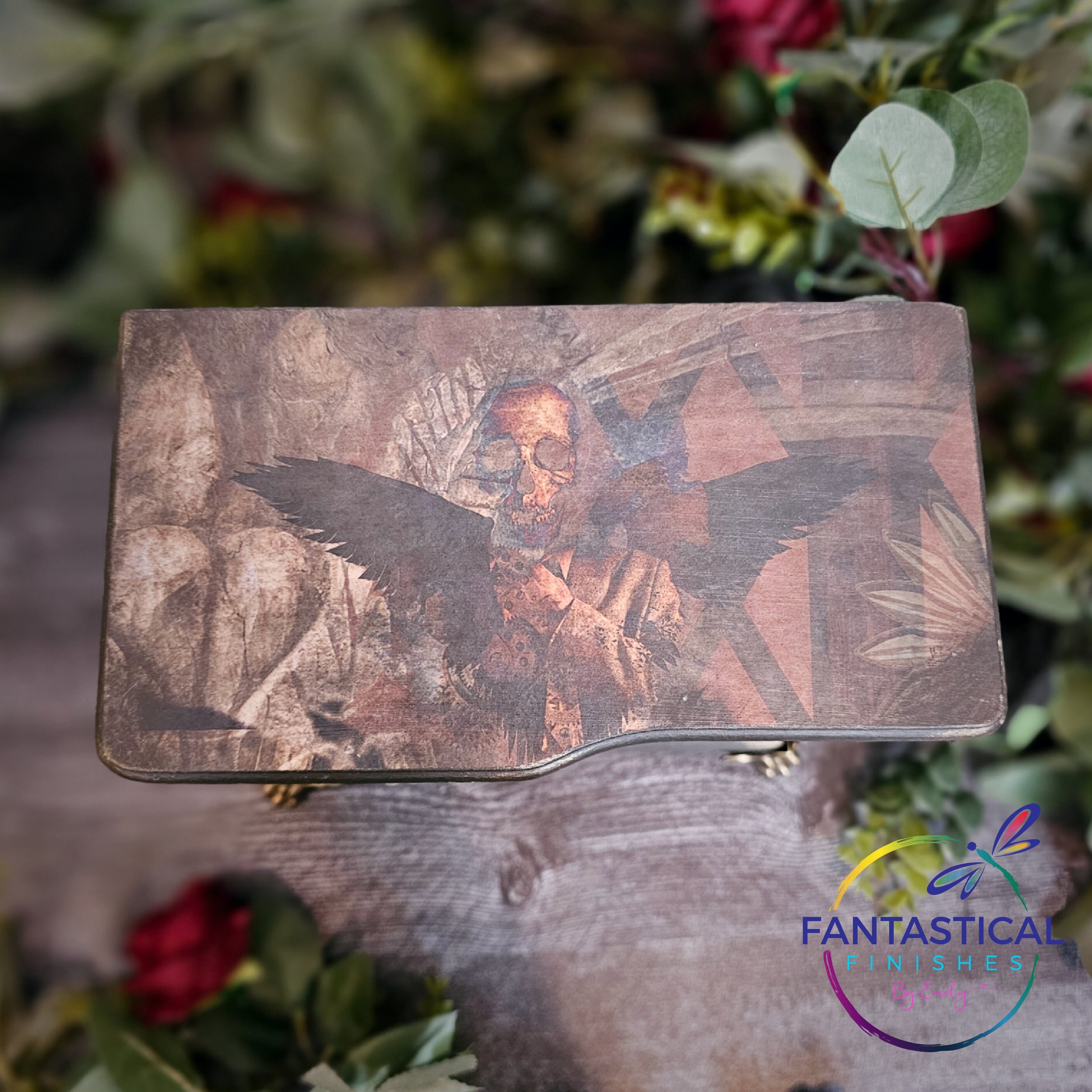 Gothic Decoupage Jewelry Box | Upcycled Red and Dark Brown Vampire