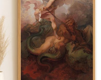 Archangel Michael Defeating Satan - Vintage Religious Art Print - Baroque Angel vs Demon Painting - Digital Download Spiritual Wall Art