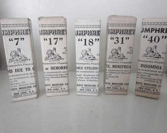 NOS set of 5 HUMPHREYS Homeopathic Remedies Apothecary Pharmacy Bottles Boxes Humphrey's Medicine Company Druggist Pills