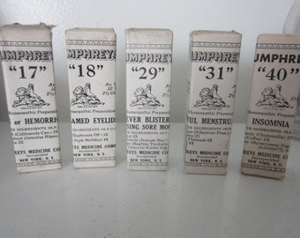 NOS set of 5 HUMPHREYS Homeopathic Remedies Apothecary Pharmacy Bottles Boxes Humphrey's Medicine Company Druggist Pills