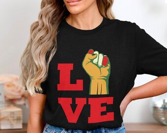 Love Power Fist T-Shirt, Empowerment Statement Tee, Bold Graphic Design Shirt, Unique Artwork Clothing for Men and Women