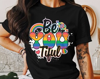 Be YOUtiful T-Shirt, LGBTQ+ Pride Shirt, Rainbow Heart Tee, Love and Acceptance T-Shirt, Colorful Inspirational Shirt