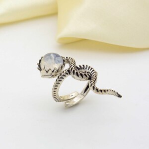 925 Sterling Silver Snake Ring | Moonstone Gemstone Serpent Ring, Adjustable Pagan Jewelry, Animal Lover Gift, Moonstone Gemstone Coil Ring