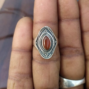 Elegant Boho Carnelian Sterling Silver Ring, Vintage-Inspired Marquise Gem, Handmade Statement Jewelry, Gift for Her, Natural Gemstone ring