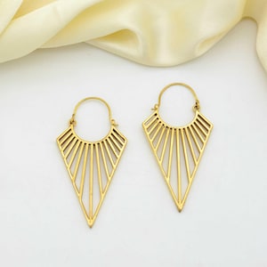 Geometric Brass Statement Earrings, Handmade Boho Tribal Dangle Hoops, Lightweight Modern Jewelry for Women, Gift for Her Brass gold jewelry