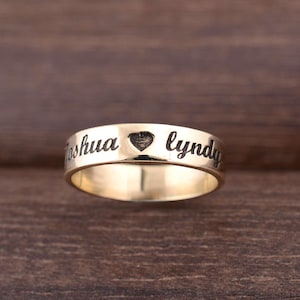 Personalisierter Goldring mit individuell gravierten Namen & Herz, Versprechensring für Paare, Jubiläumsring, Hochzeitsgeschenk, Geschenkschmuck zum Valentinstag