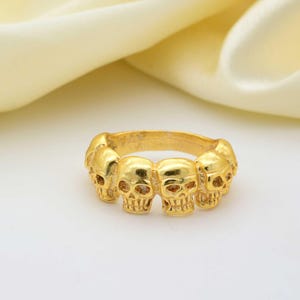 Gold Plated Skull Ring | Gothic Punk Skull Band | Men’s Biker Jewelry, Adjustable Brass Skull Ring, Halloween Statement Ring Gift, Mom gifts