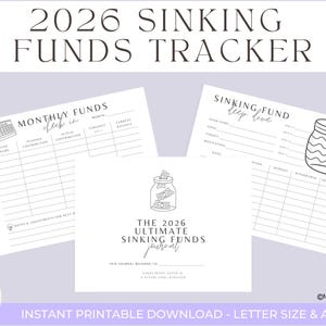 Pode incluir: Um rastreador de fundos de reserva imprimível de 2026 com três páginas. As páginas incluem um check-in mensal de fundos, um mergulho profundo no fundo de reserva e uma capa de diário. A capa apresenta um frasco com dinheiro e o texto "The 2026 Ultimate Sinking Funds Journal."