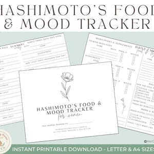 Puede incluir: Un rastreador imprimible de alimentos y estado de ánimo de Hashimoto para mujeres. El diseño presenta una ilustración floral y varias secciones para rastrear la alimentación, el sueño, el estrés y el estado de ánimo diario. Incluye secciones para medicamentos y suplementos.