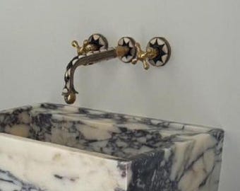 Handmade Unlacquered Brass Wall Mounted Bathroom Faucet with Cross Handles