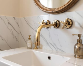 Handmade Brass Wall Mount Vanity Bathroom Faucet: Resin Inlay Cross Handles