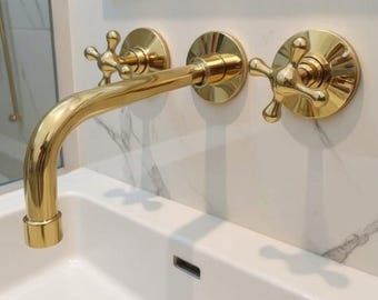 Rubinetto da parete in ottone non laccato, realizzato a mano, rubinetto per lavabo da bagno in stile vintage marocchino.