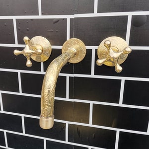 Unlacquered Brass Wall Faucet With Engraved Finish | Wall Mounted Faucet For Bathroom And Kitchen