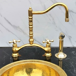 Unlacquered Brass Kitchen Bridge Faucet With Simple Cross Handles & Sprayer