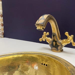 Unlacquered Brass Bathroom Faucet: Resin Walnut Inlay, Antique Decor Faucet