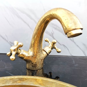 Engraved Unlacquered Brass Bathroom Faucet: Moroccan Gooseneck Vanity Faucet