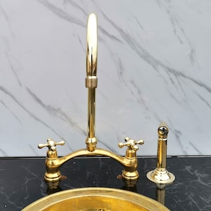 Unlacquered Brass Kitchen Bridge Faucet With Side Sprayer And Simple Cross Handles, Arched V Antique Brass Faucet Vectorian Style