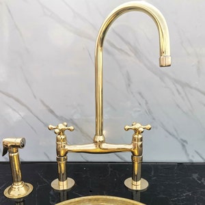 Solid Brass Kitchen Faucet | Unlacquered Brass Bridge Faucet With Side Sprayer
