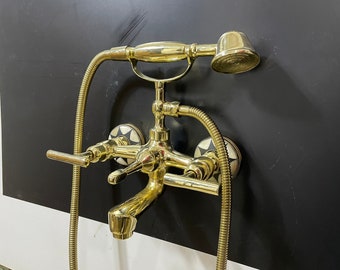 Unlacquered Brass Wall Mount Bath Tub Filler Shower System Bathtub With Handheld Shower and Resin Conception Plates