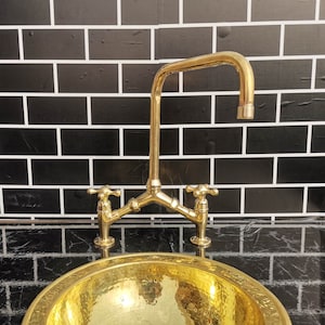 New Arched V Unlacquered Brass Bridge Kitchen Faucet With Vintage Handles