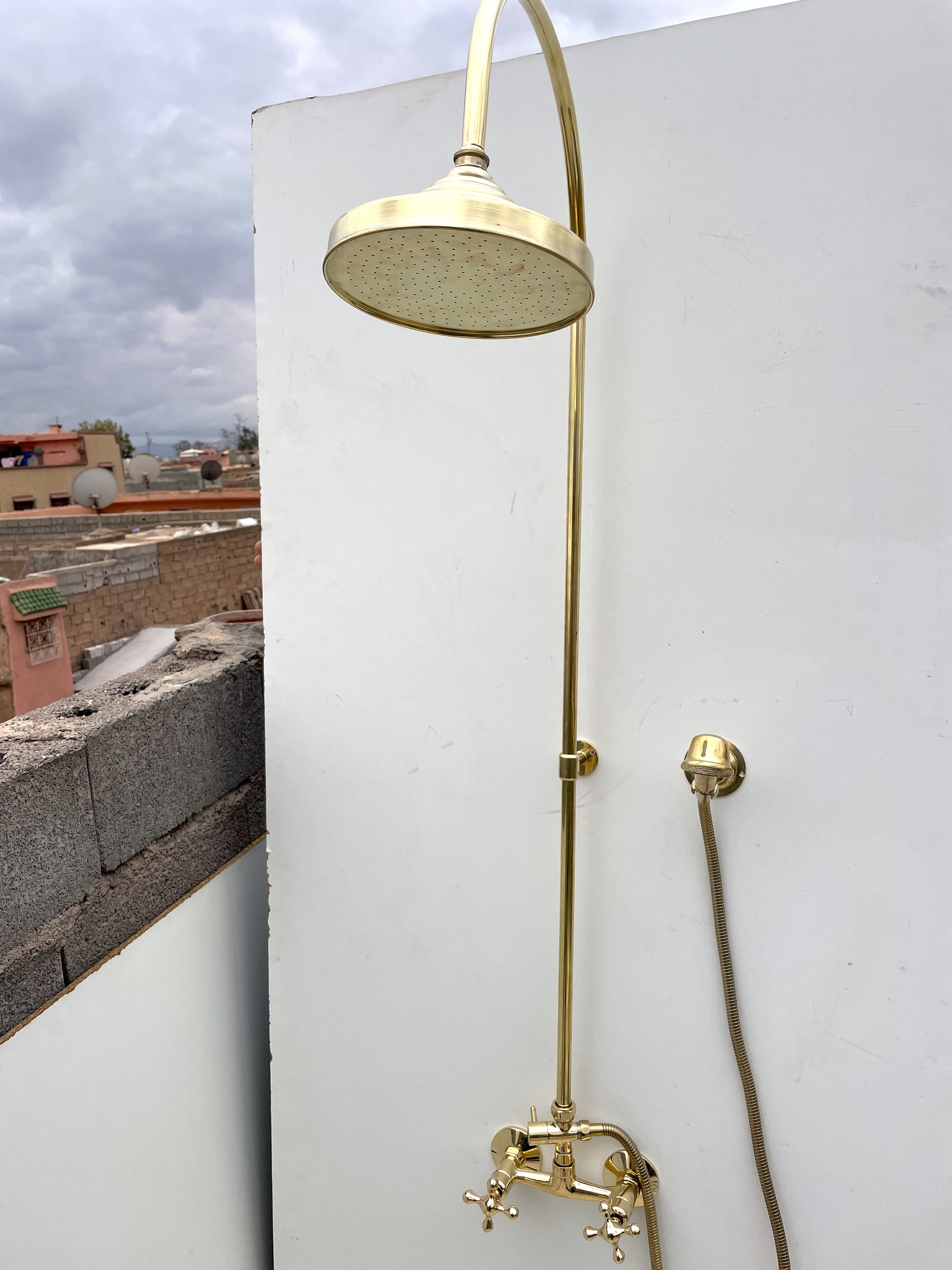 Unlacquered Antique Brass Exposed Pipe Shower System With Solid Brass