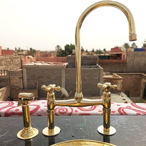 8 Bridge Faucet For Kitchen With Linear Legs And Simple Cross Handles - Unlacquered Solid Aged Brass Kitchen Faucet