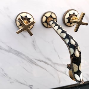 Unlacquered Brass Wall Mounted Faucet For Bathroom, Wall Mount Resin Bones Conception Bathroom Faucets With Flat Cross Handles