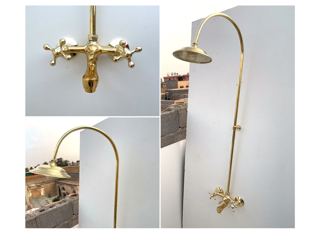 Unlacquered Brass Outdoor Shower Head Tub Filler Exposed Shower System Bathtub Shower Brass