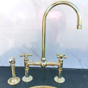 Unlacquered Brass Bridge Kitchen Faucet with Sprayer & Cross Handles