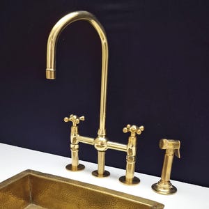 Handmade Unlacquered Brass Kitchen Faucet: 3-Hole Bridge with Side Sprayer