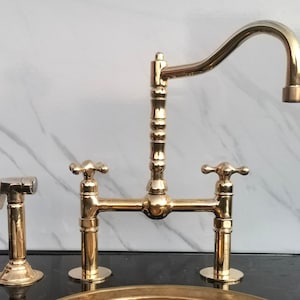 Unlacquered Brass Bridge Faucet With Sprayer And Ball Center, Vintage Kitchen Faucet