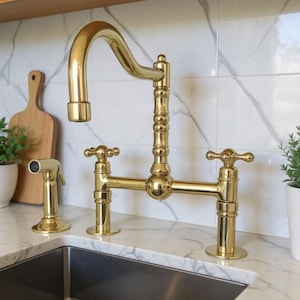 Unlacquered Brass kitchen Faucet With Sprayer: Center Ball Vintage Bridge Faucet