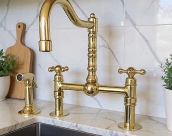 スプレーノズル付き無塗装真鍮キッチン蛇口：センターボールヴィンテージブリッジ蛇口